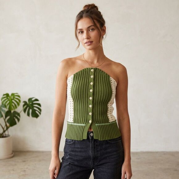 Tops - Womens M Olive Green Ribbed Knit Crochet Side Strapless Tube Top Button Front
